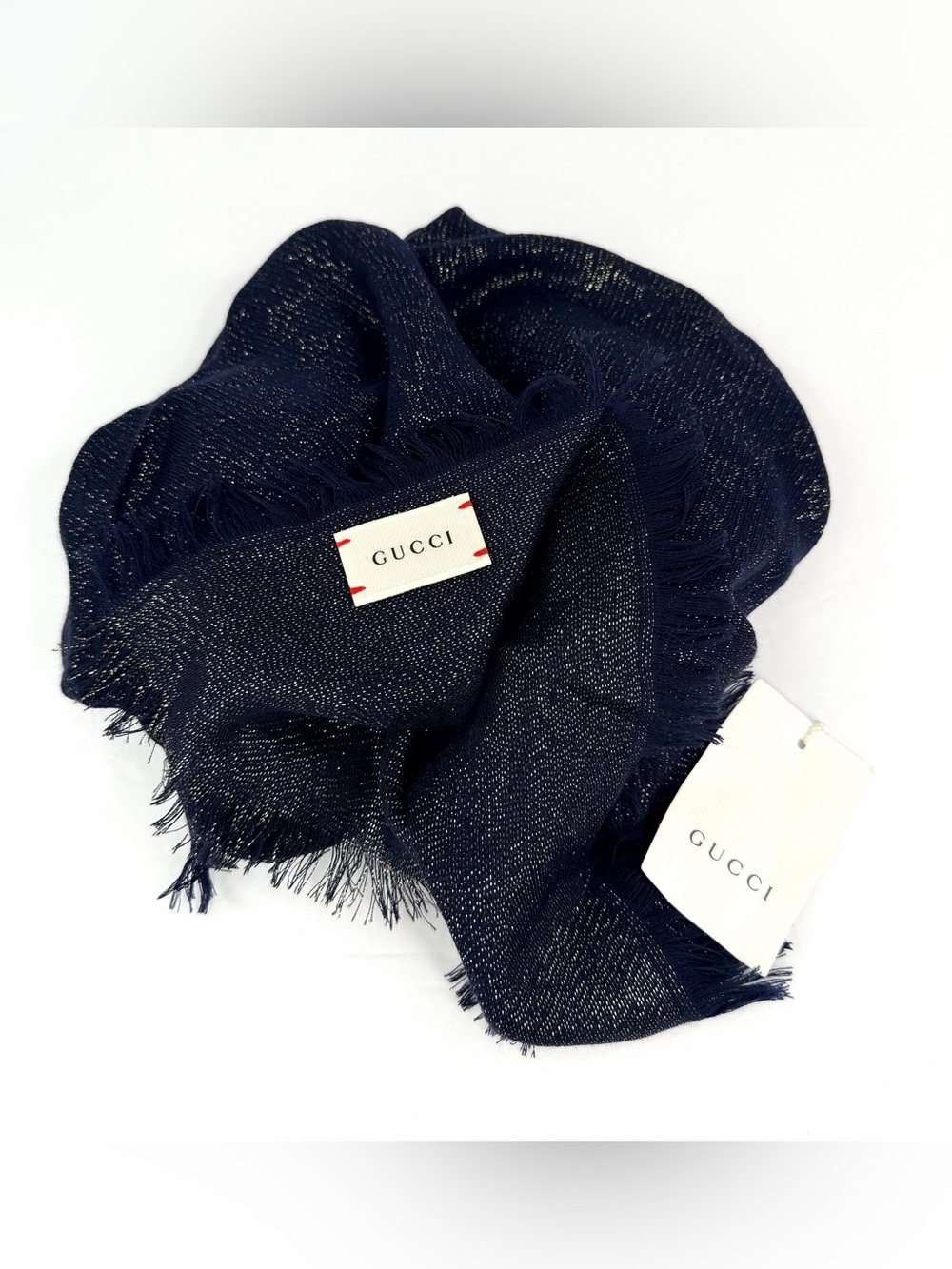 Gucci Lurex Shiny GG Jacquard Logo UNISEX Fringe Squared Wool Silk Scarf